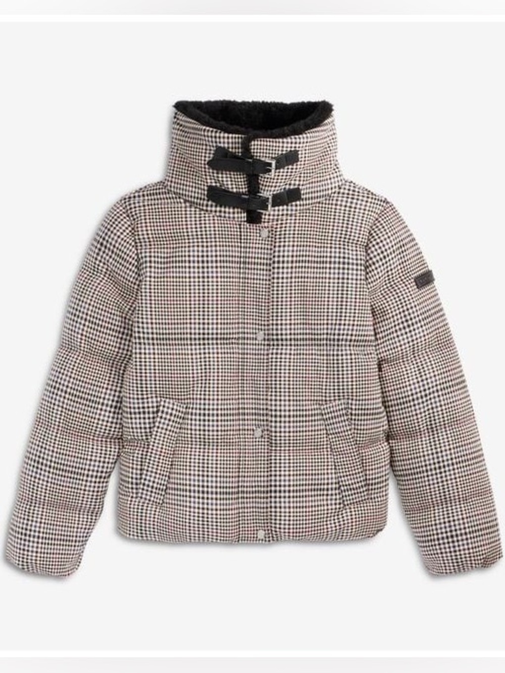 Women’s DKNY Plaid Puffer Jacket with High Collar